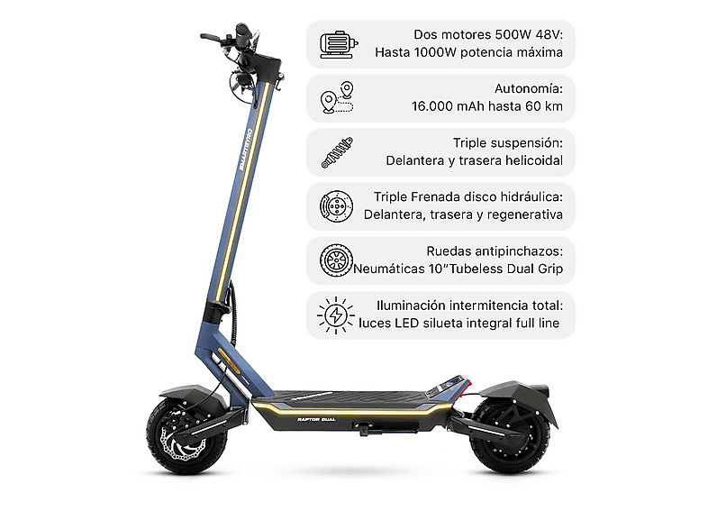 SMARTGYRO RAPTOR DUAL EVO LR Homologado DGT — Patinete eléctrico, Pot. máx. 1000 W, Carga máx. 140 kg, 20,000 mAh, Azul - Imagen 3