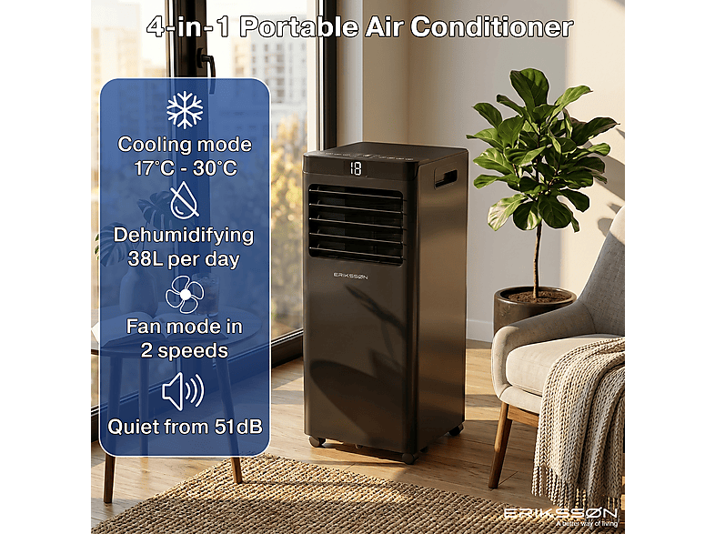 ERIKSSØN Silent Comfort Series Mobile Air conditioner Negro — Aire acondicionado portátil, 30 m², 10000 fg/h, 61 dB(A) - Imagen 4