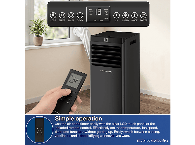 ERIKSSØN Silent Comfort Series Mobile Air conditioner Negro — Aire acondicionado portátil, 30 m², 10000 fg/h, 61 dB(A) - Imagen 5