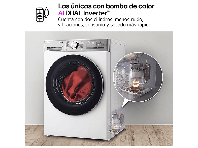 LG RH10V9AV2WR — Secadora bomba de calor, 10 kg, 14 programas, Blanco, Display LED - Imagen 6