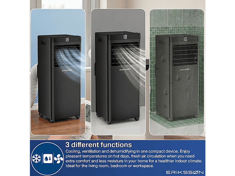 ERIKSSØN Silent Comfort Series Mobile Air conditioner Negro — Aire acondicionado portátil, 30 m², 10000 fg/h, 61 dB(A) - Imagen 6
