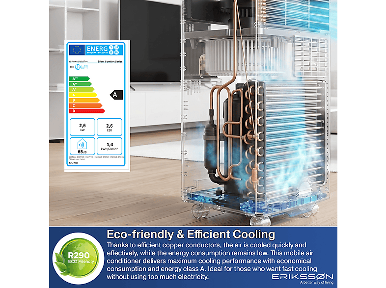 ERIKSSØN Silent Comfort Series Mobile Air conditioner Negro — Aire acondicionado portátil, 30 m², 10000 fg/h, 61 dB(A) - Imagen 7