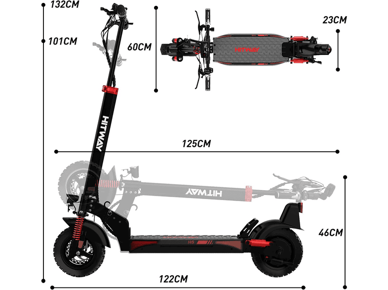 HITWAY H9 — Patinete eléctrico, Pot. máx. 150 W, Carga máx. 50 kg, 2600 mAh, Rojo - Imagen 8