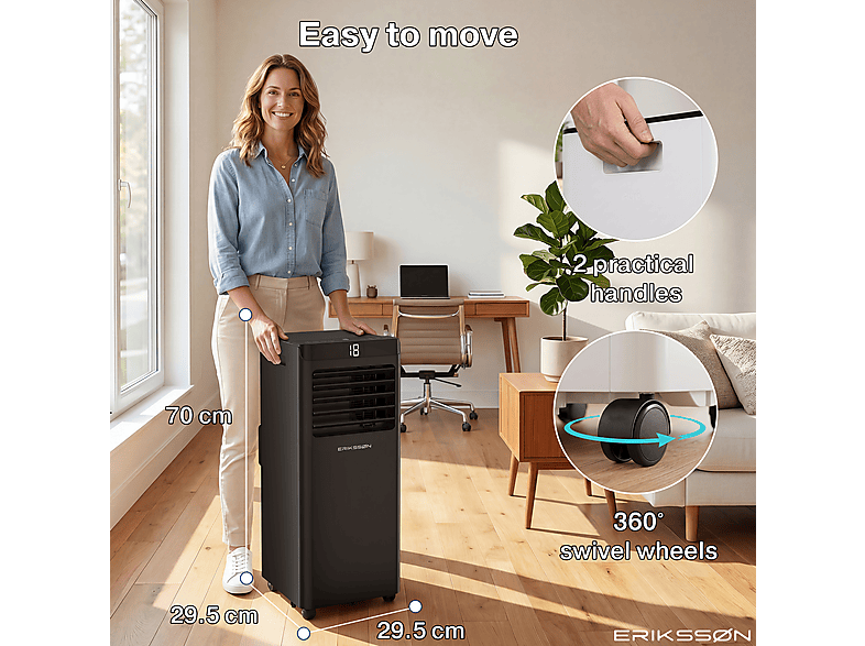 ERIKSSØN Silent Comfort Series Mobile Air conditioner Negro — Aire acondicionado portátil, 30 m², 10000 fg/h, 61 dB(A) - Imagen 8