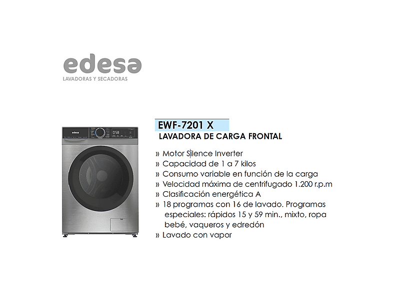 EDESA EWF-7201 X — Lavadora carga frontal, 7 kg, 15 programas, Inox - Imagen 8