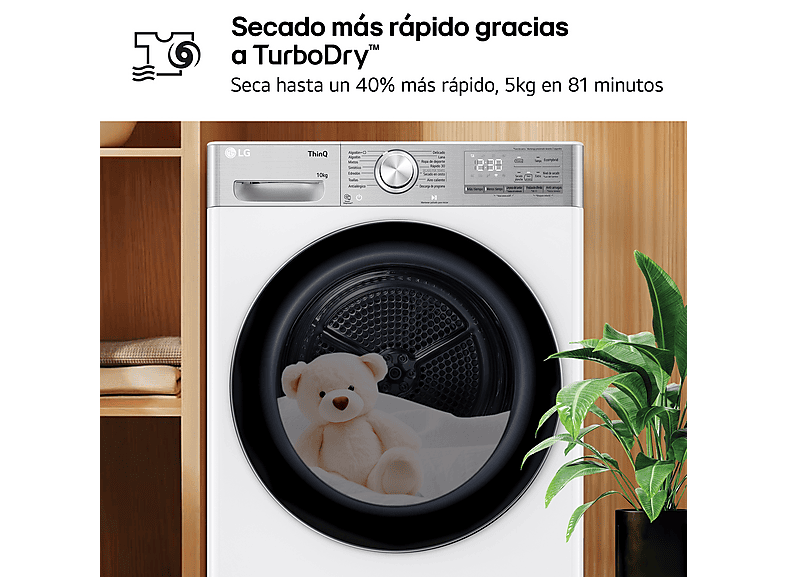 LG RH10V9AV2WR — Secadora bomba de calor, 10 kg, 14 programas, Blanco, Display LED - Imagen 8