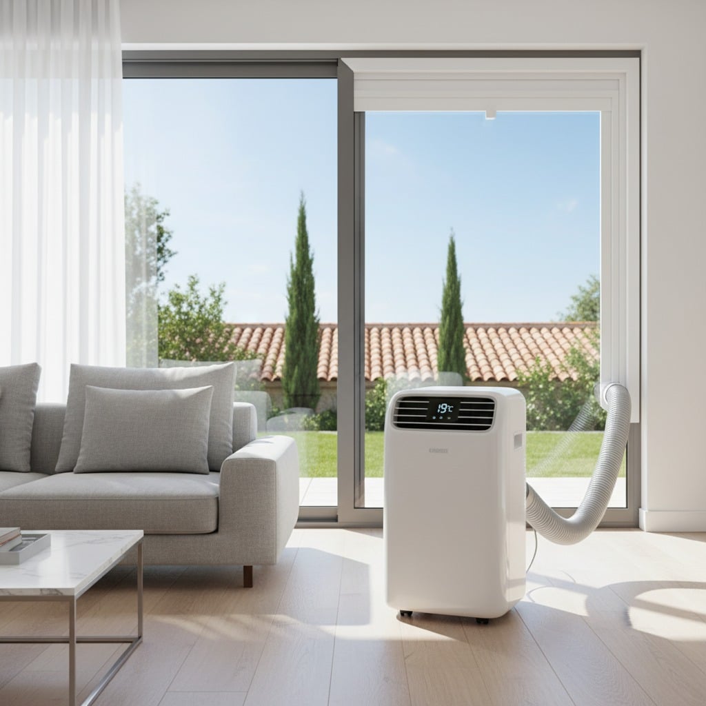 Un aire acondicionado portátil blanco está colocado en una sala de estar luminosa, con el tubo de escape conectado a una ventana.
